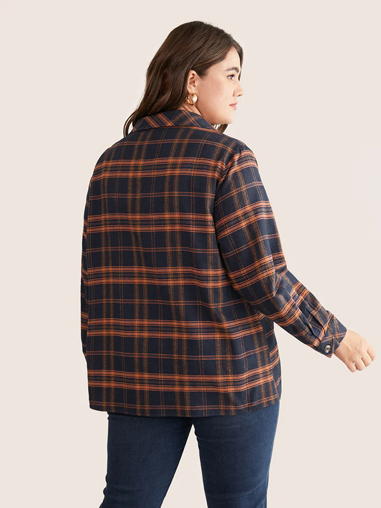 Contrast Plaid Patched Pocket Shirt Collar Blouse - Image 4