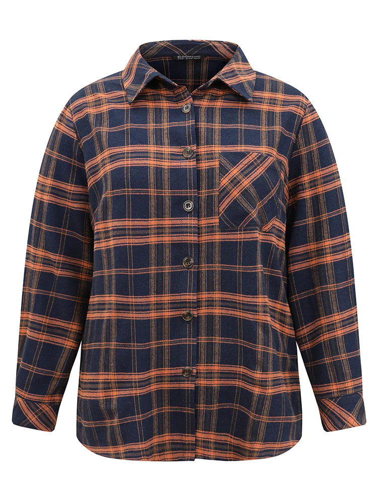 Contrast Plaid Patched Pocket Shirt Collar Blouse - Image 5