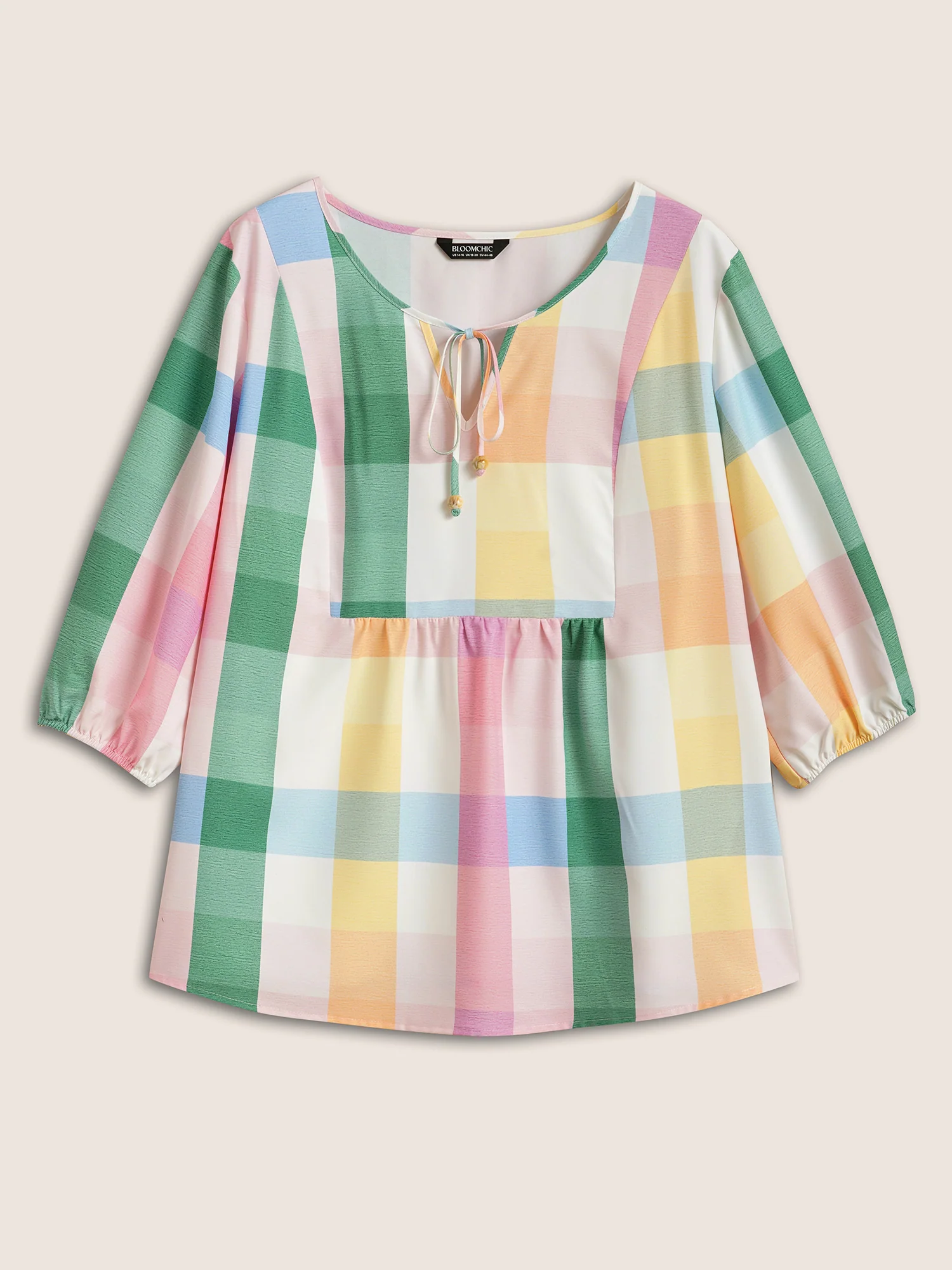 Contrast Plaid Tie Knot Lantern Sleeve Blouse - Image 10