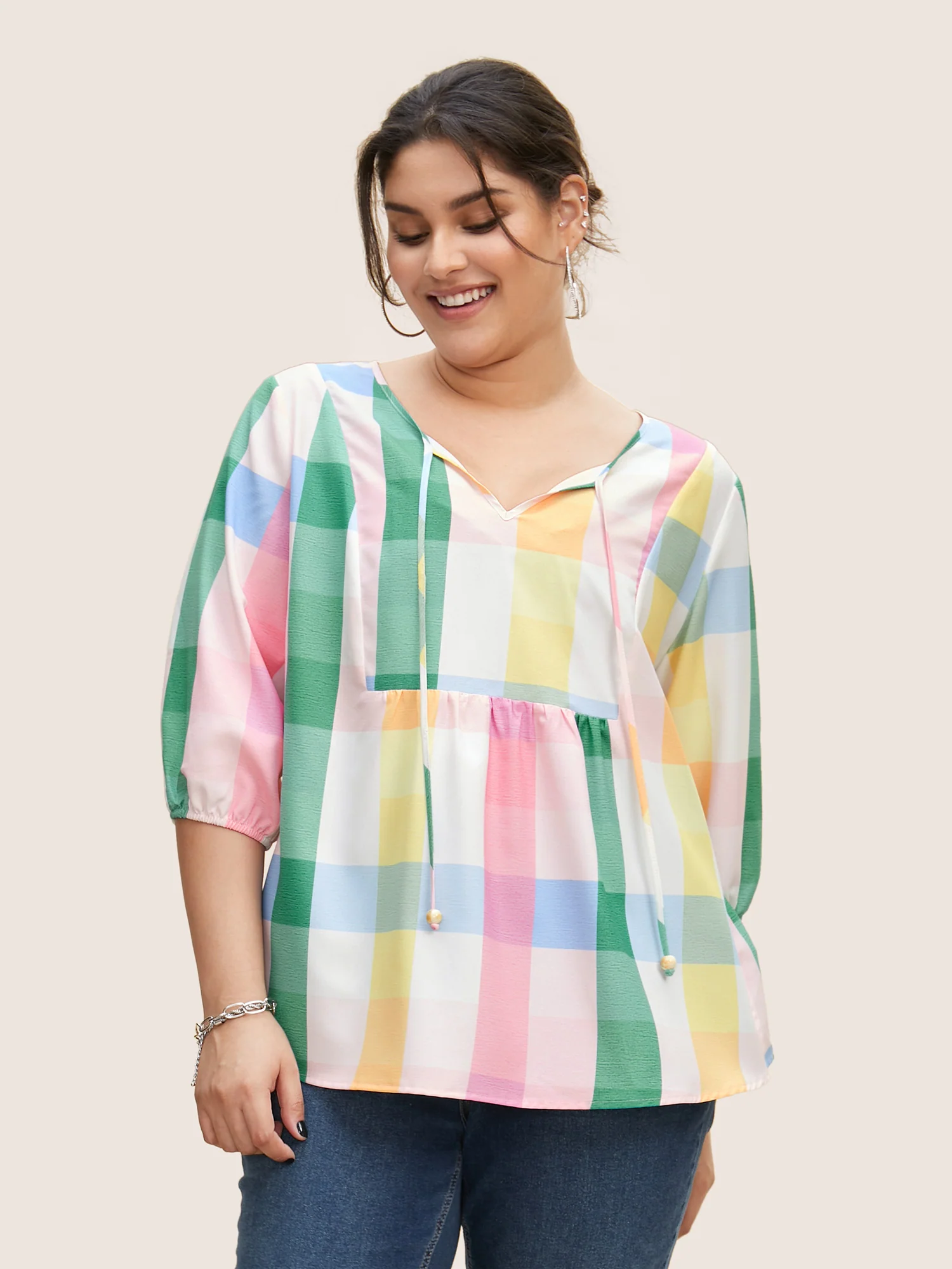 Contrast Plaid Tie Knot Lantern Sleeve Blouse - Image 2