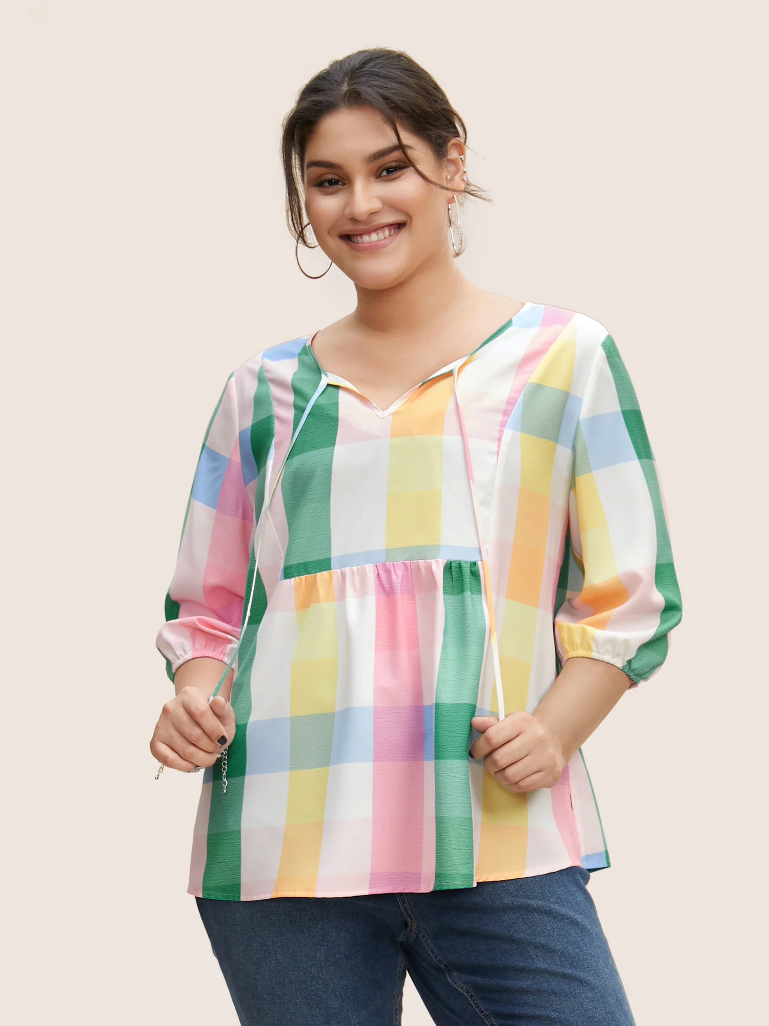 Contrast Plaid Tie Knot Lantern Sleeve Blouse - Image 3