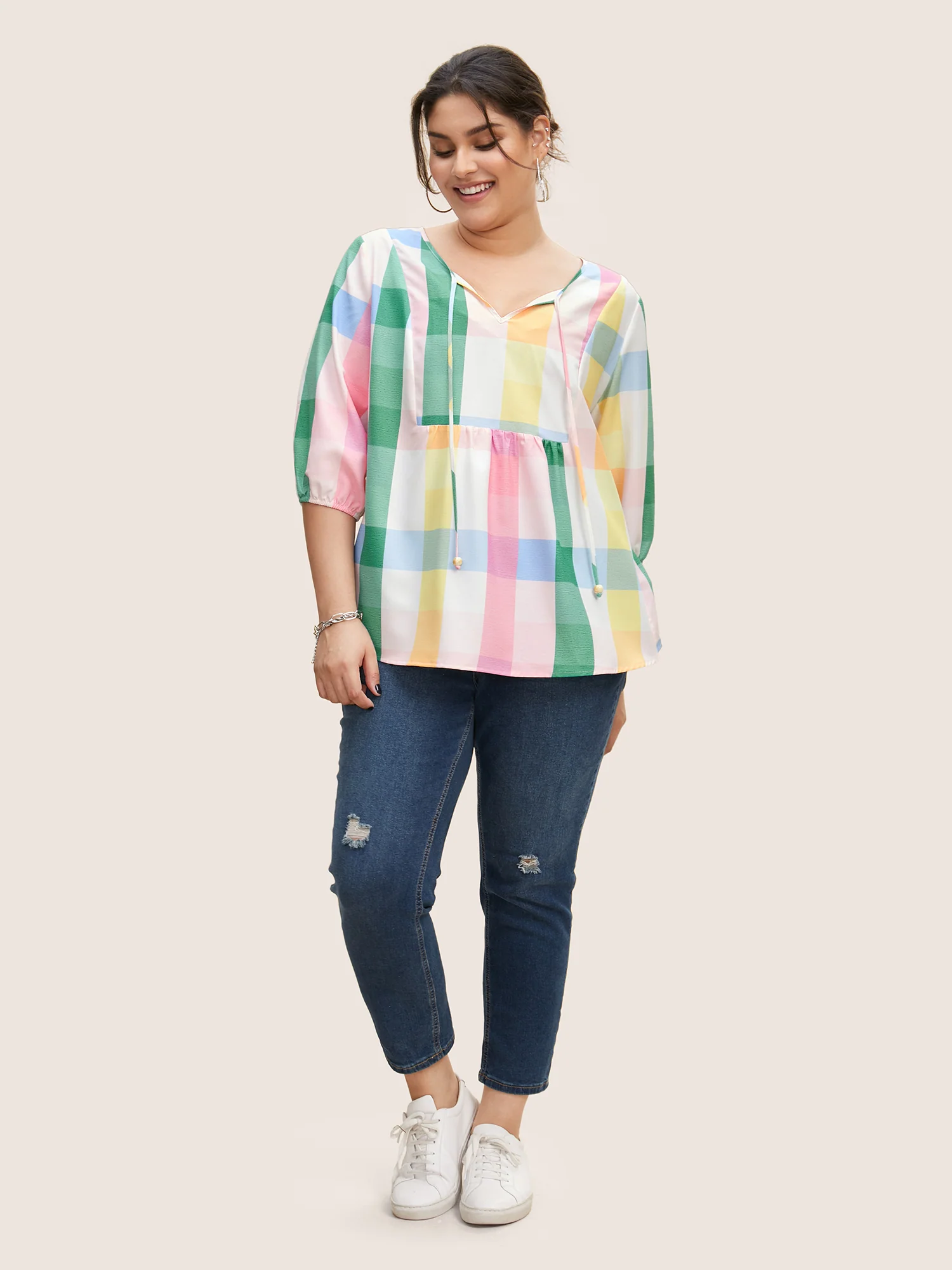 Contrast Plaid Tie Knot Lantern Sleeve Blouse - Image 4