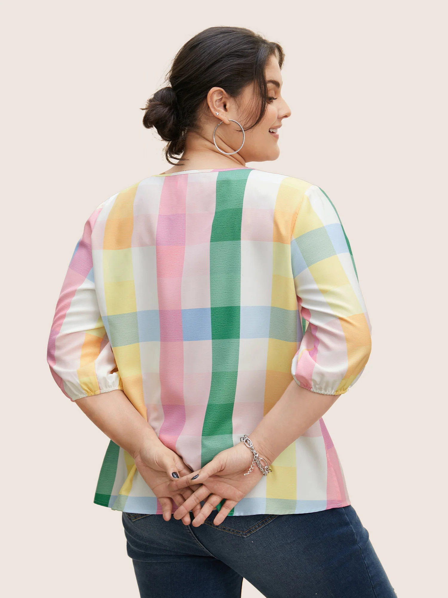 Contrast Plaid Tie Knot Lantern Sleeve Blouse - Image 5