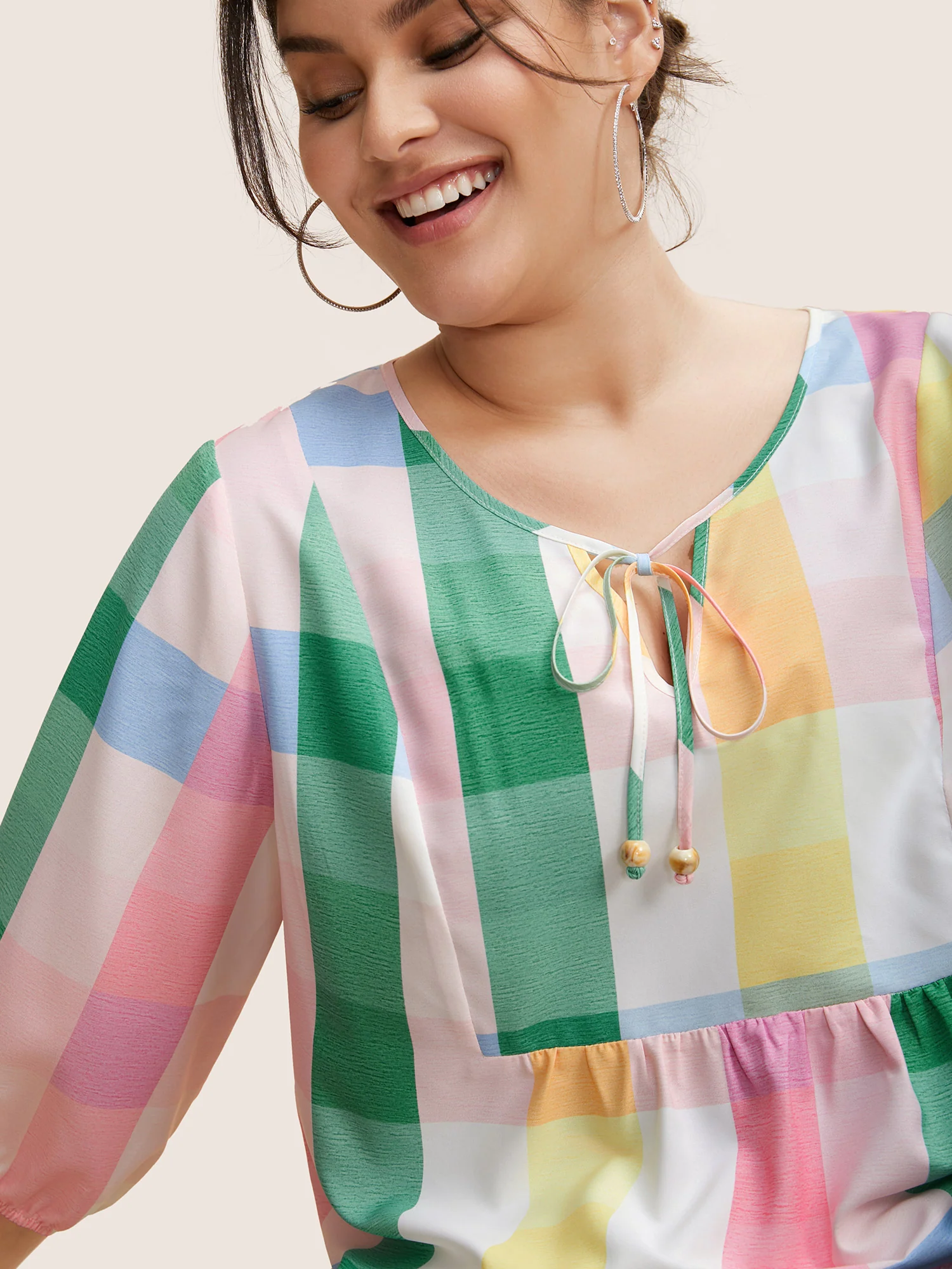 Contrast Plaid Tie Knot Lantern Sleeve Blouse - Image 6