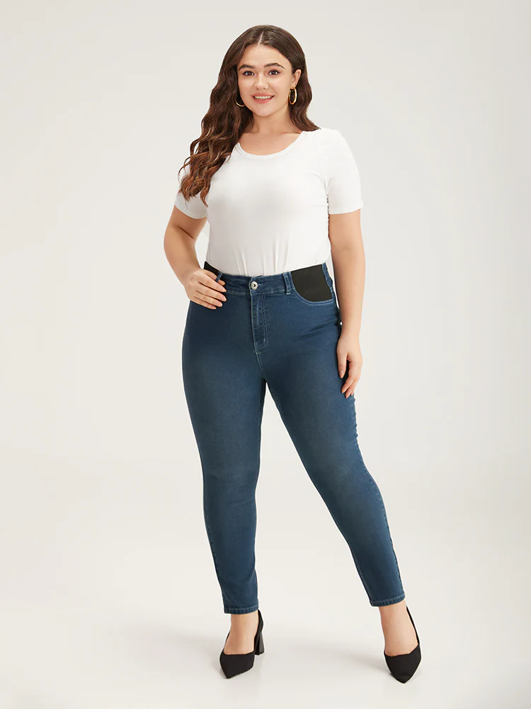 Contrast Pocket Elastic Waist Very Stretchy Jeans - Image 2