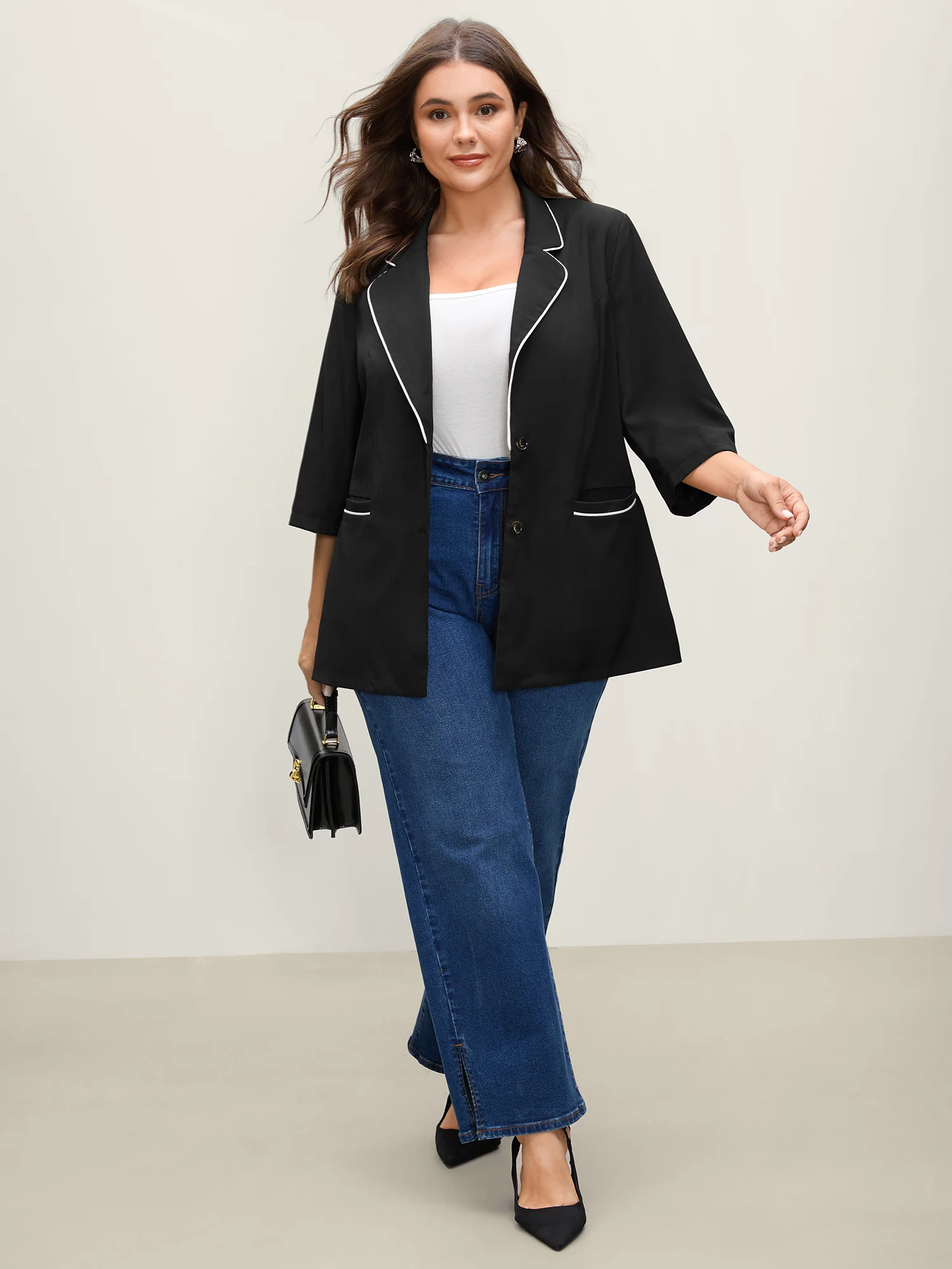Contrast Pockets Three-Quarter Sleeve Blazer - Image 3
