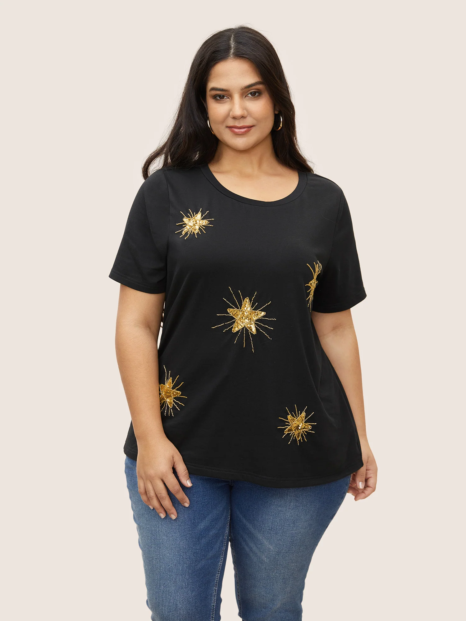 Contrast Star Sequin Round Neck T-shirt