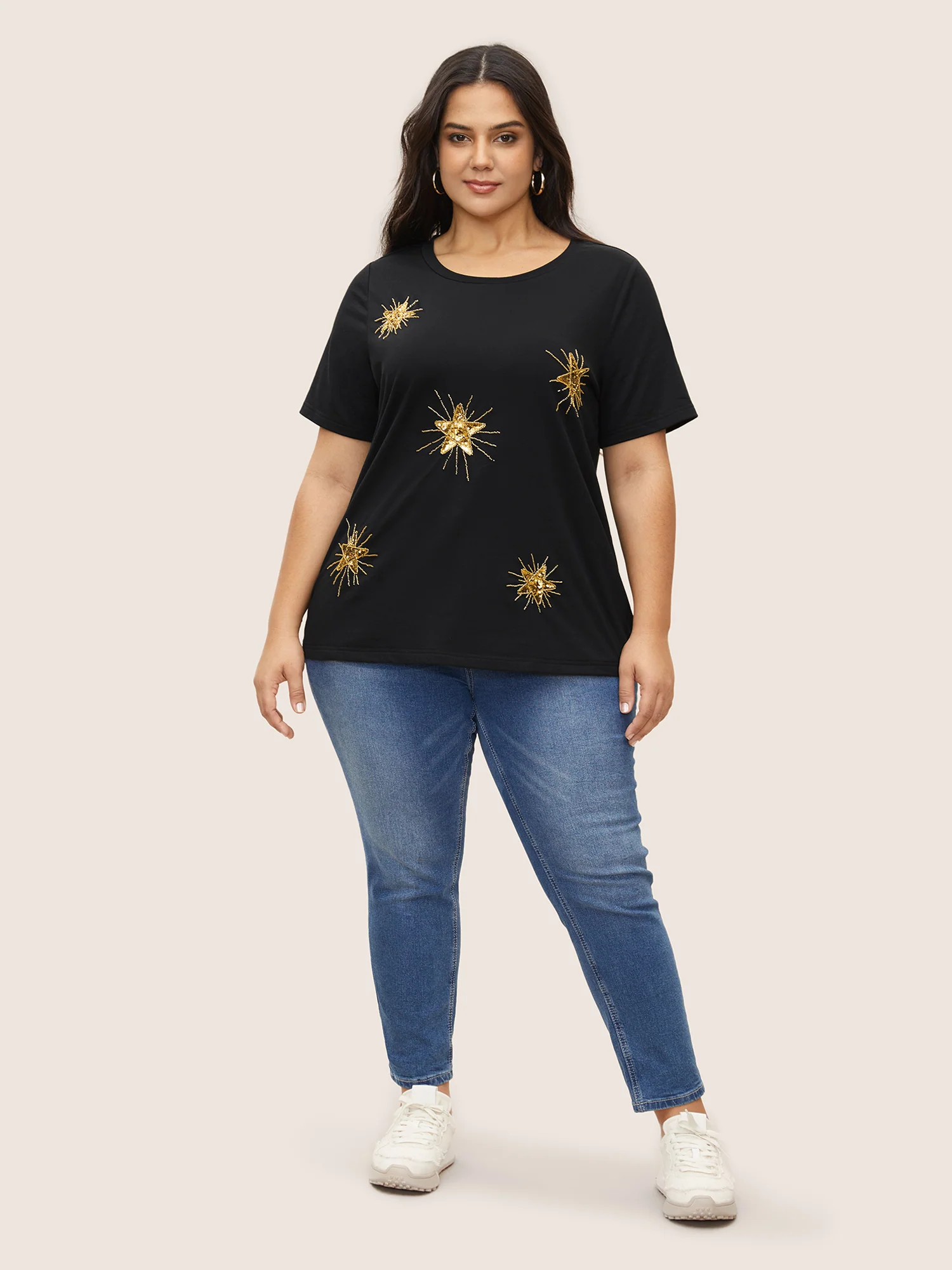 Contrast Star Sequin Round Neck T-shirt - Image 3