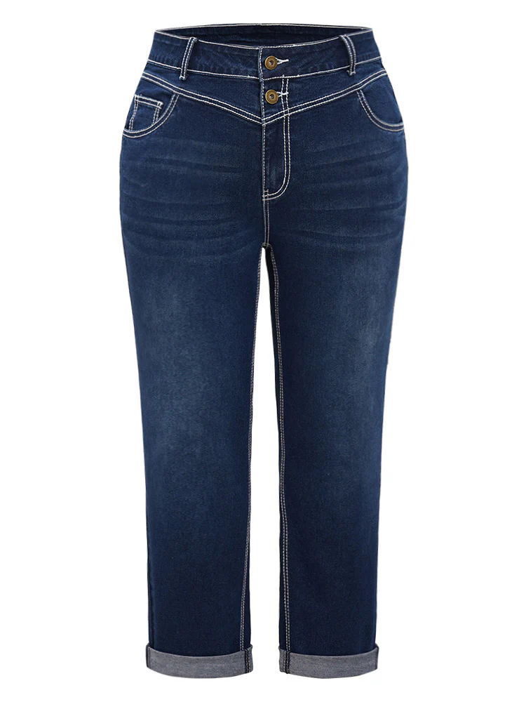 Contrast Stitch Roll Hem Straight Leg Jeans - Image 11