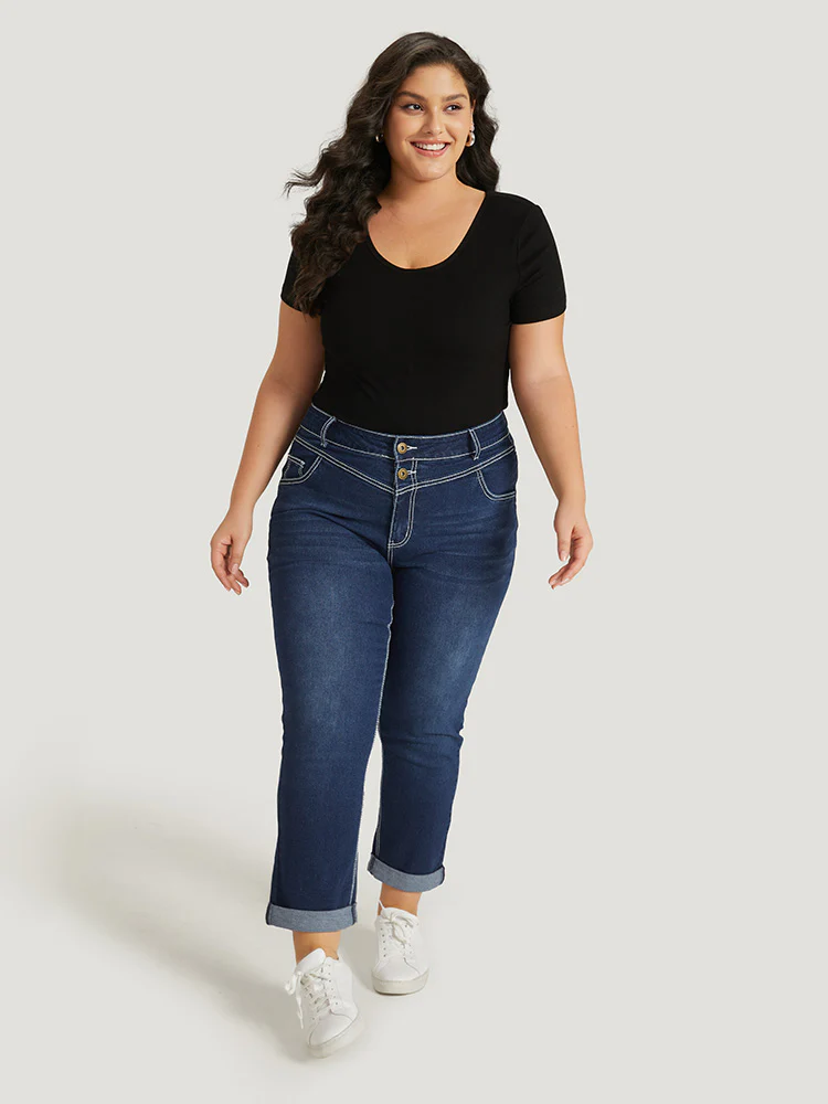 Contrast Stitch Roll Hem Straight Leg Jeans - Image 2