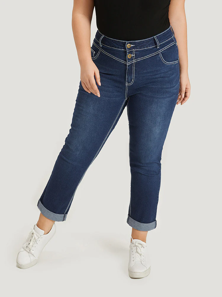 Contrast Stitch Roll Hem Straight Leg Jeans - Image 3