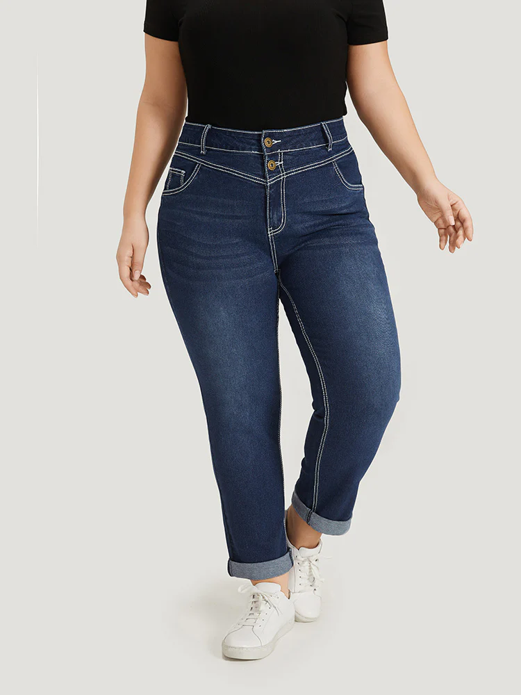 Contrast Stitch Roll Hem Straight Leg Jeans - Image 4