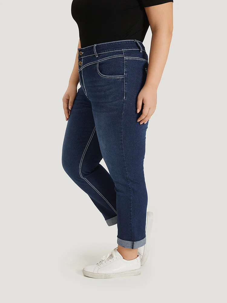 Contrast Stitch Roll Hem Straight Leg Jeans - Image 5
