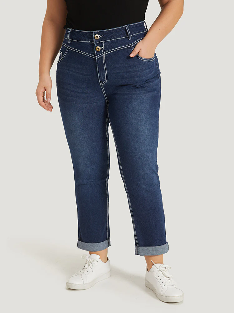 Contrast Stitch Roll Hem Straight Leg Jeans - Image 6