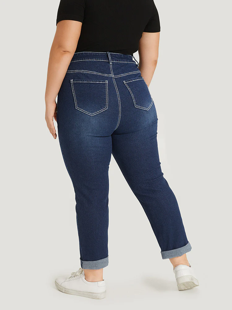 Contrast Stitch Roll Hem Straight Leg Jeans - Image 7