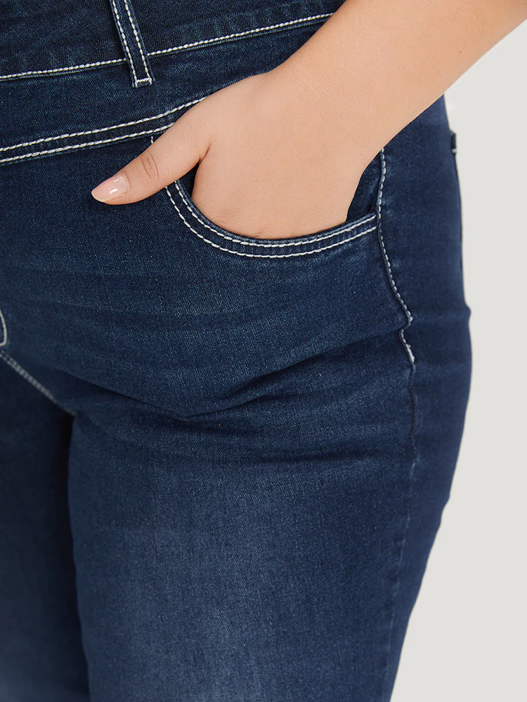 Contrast Stitch Roll Hem Straight Leg Jeans - Image 9