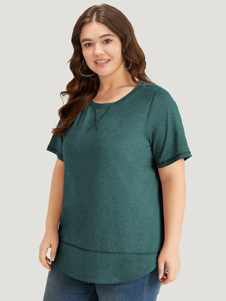 Contrast Stitch Round Neck Curved Hem T-shirt - Image 3