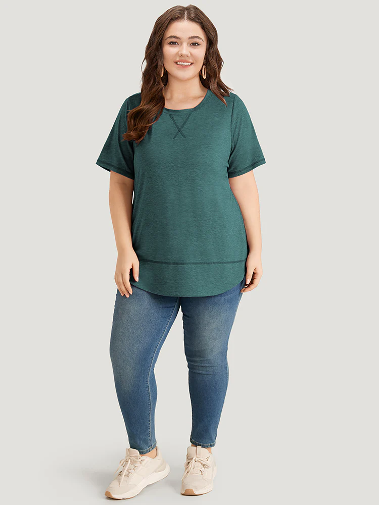 Contrast Stitch Round Neck Curved Hem T-shirt - Image 4