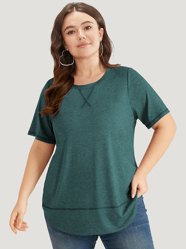 Contrast Stitch Round Neck Curved Hem T-shirt - Image 5