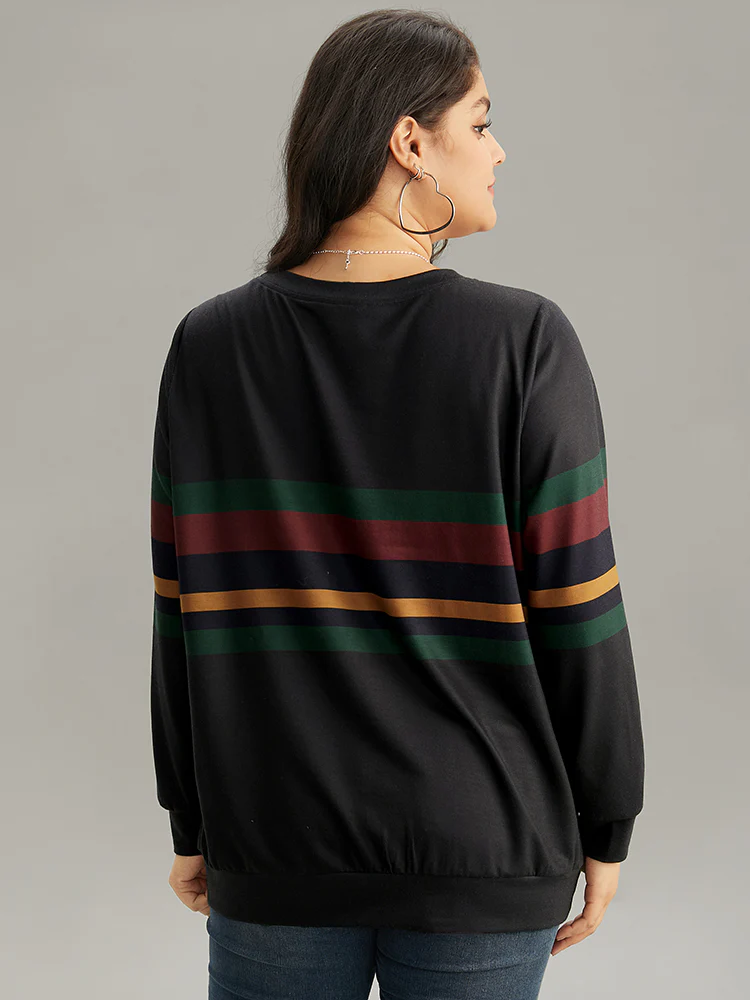 Contrast Striped Basic Crew Neck Sweatshirt - Image 2