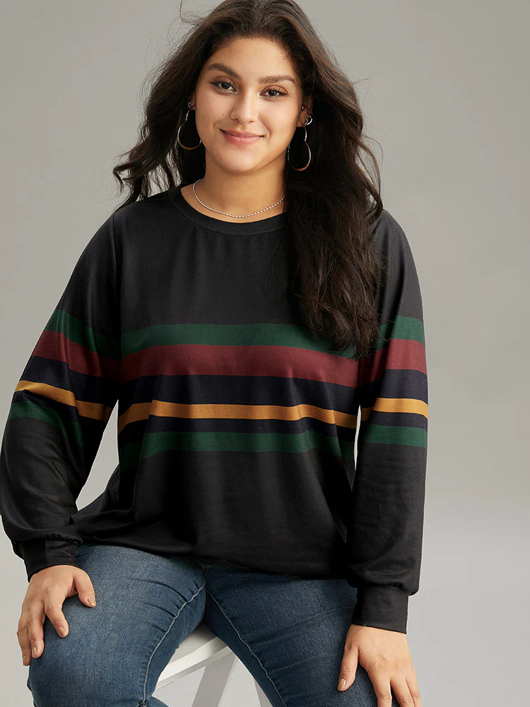Contrast Striped Basic Crew Neck Sweatshirt - Image 3