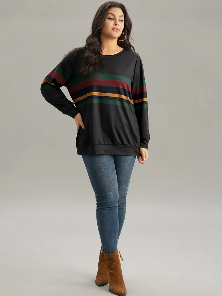 Contrast Striped Basic Crew Neck Sweatshirt - Image 4
