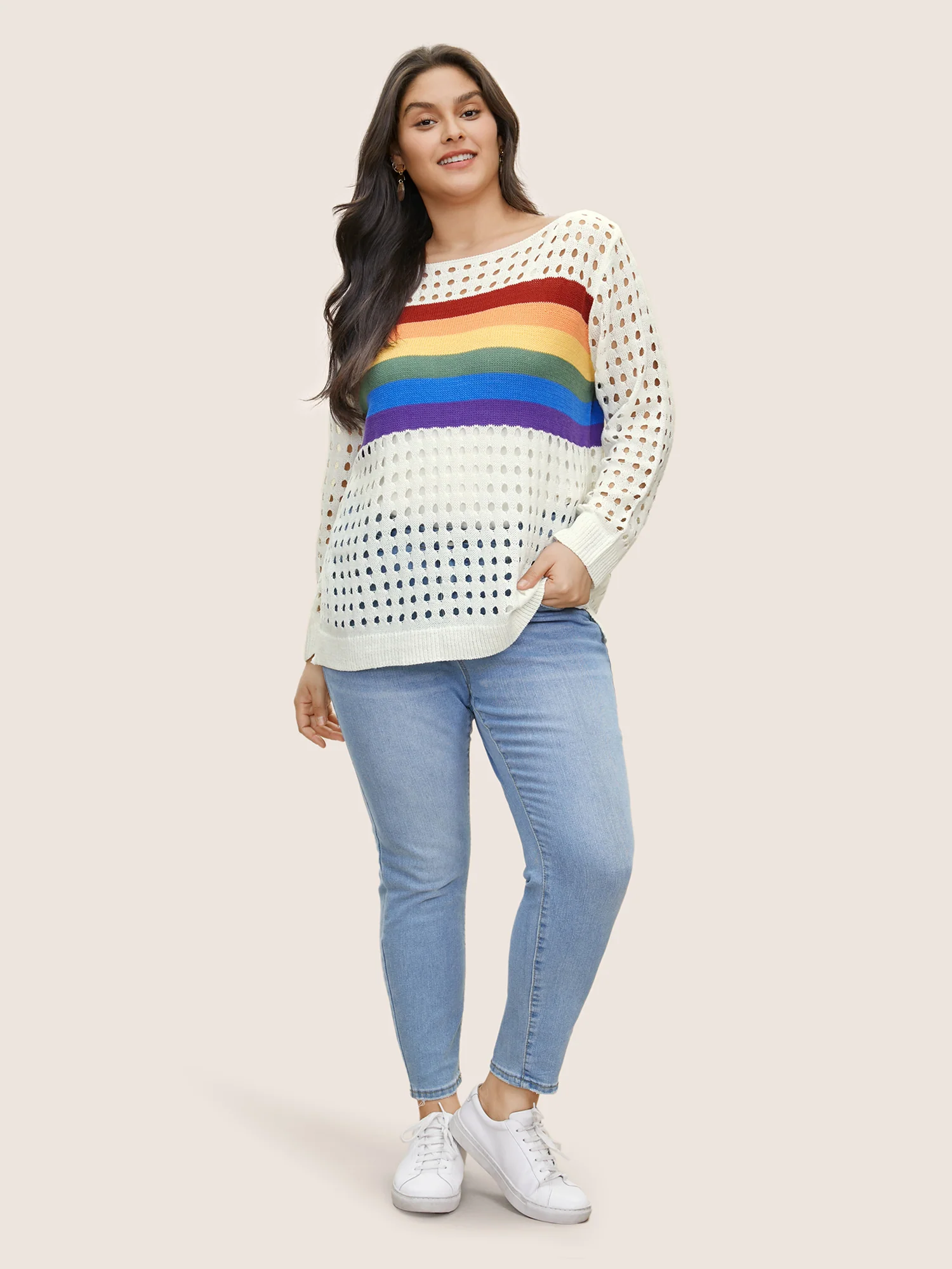Contrast Striped Boat Neck Cut Out Pullover - Image 3