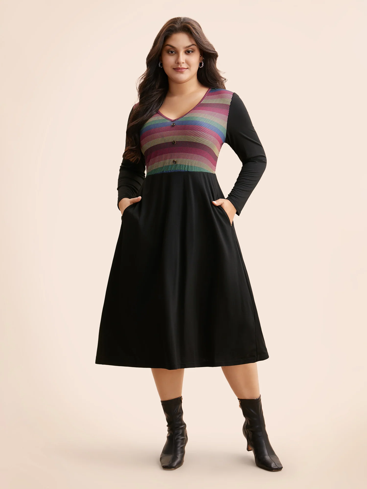 Contrast Striped Button Detail Midi Dress - Image 2