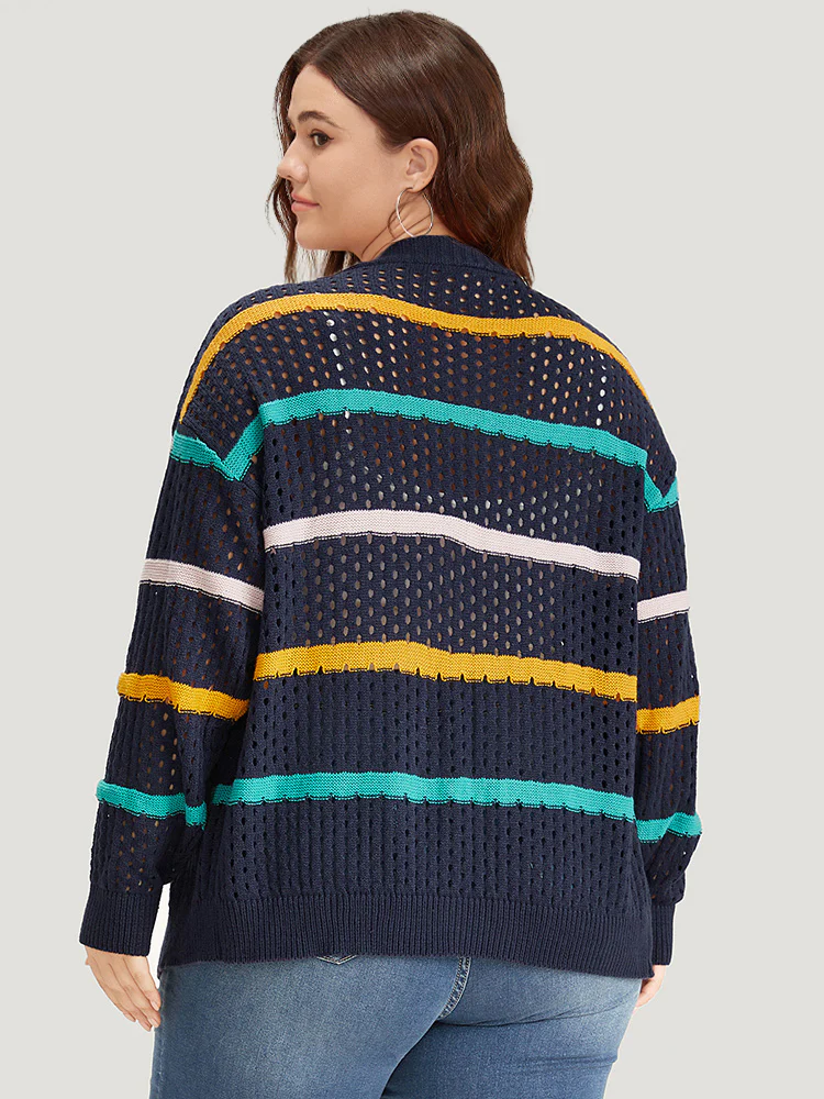 Contrast Striped Button Through Hollow Out Cardigan - Image 2