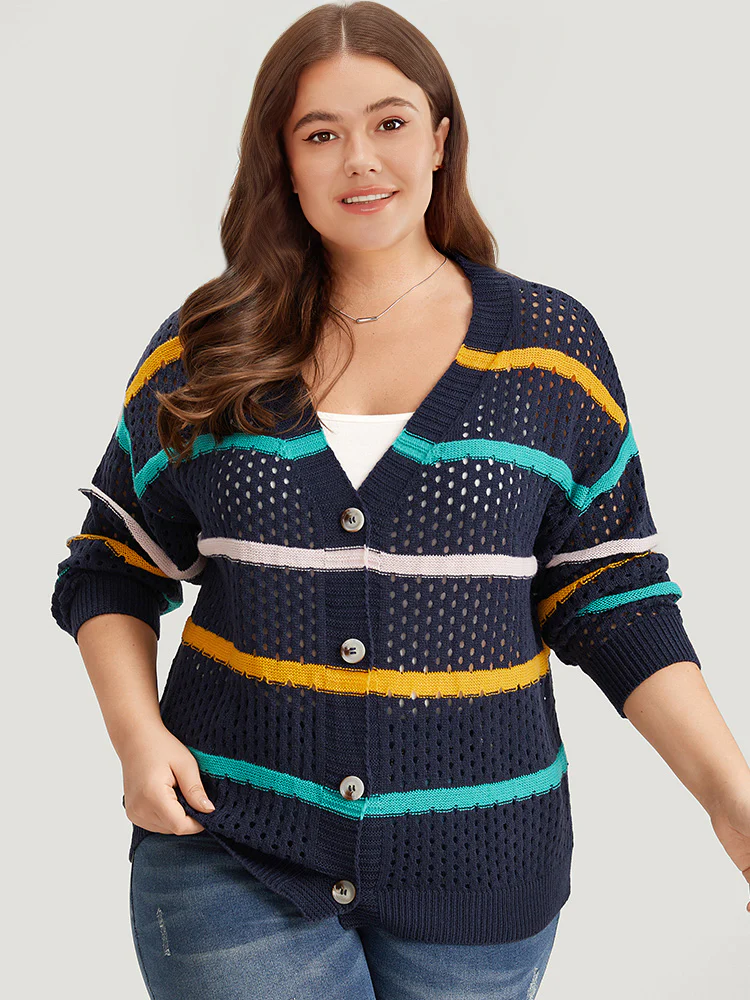 Contrast Striped Button Through Hollow Out Cardigan - Image 3