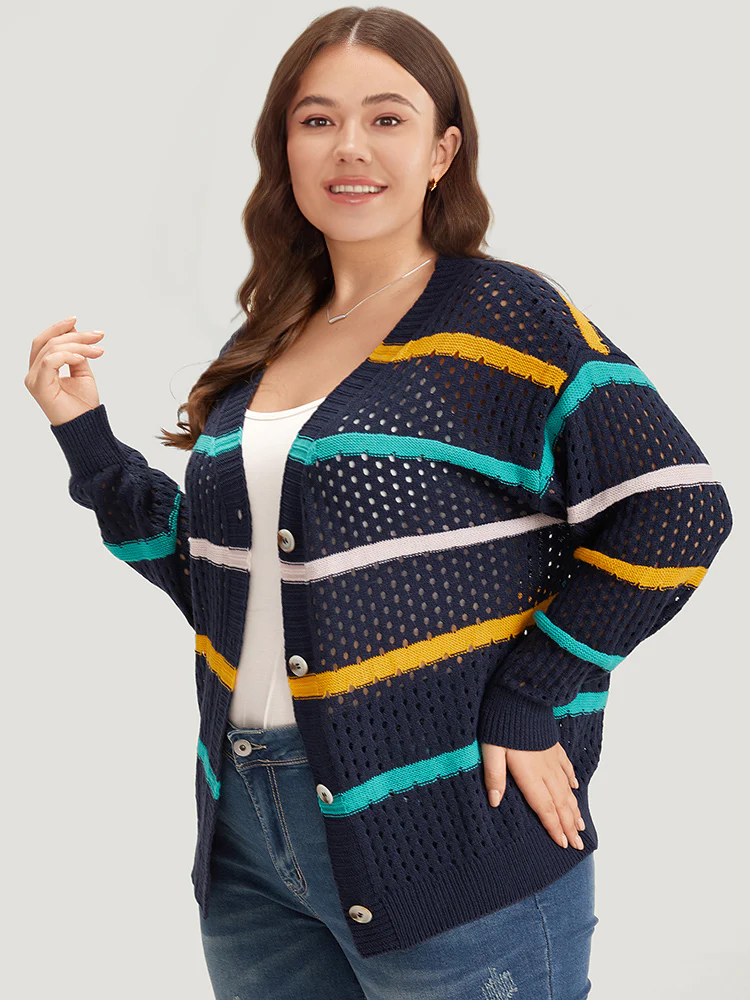 Contrast Striped Button Through Hollow Out Cardigan - Image 4