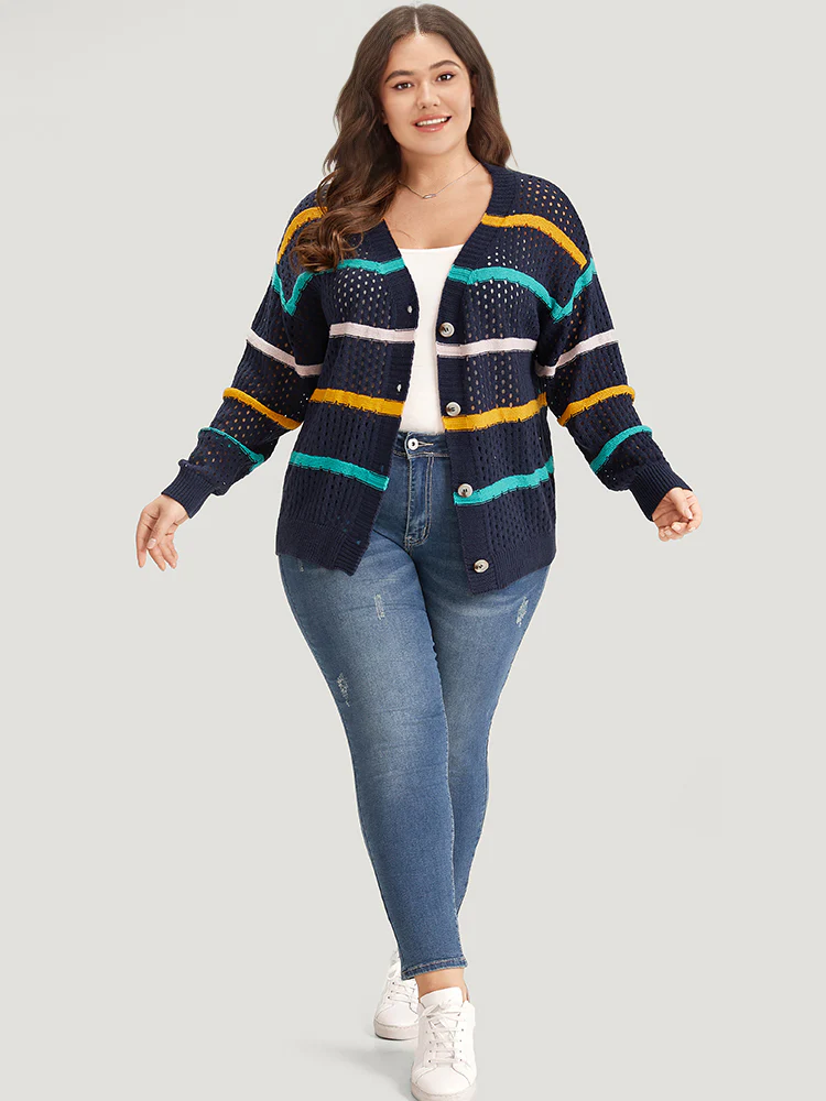Contrast Striped Button Through Hollow Out Cardigan - Image 5