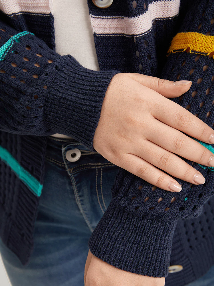 Contrast Striped Button Through Hollow Out Cardigan - Image 6