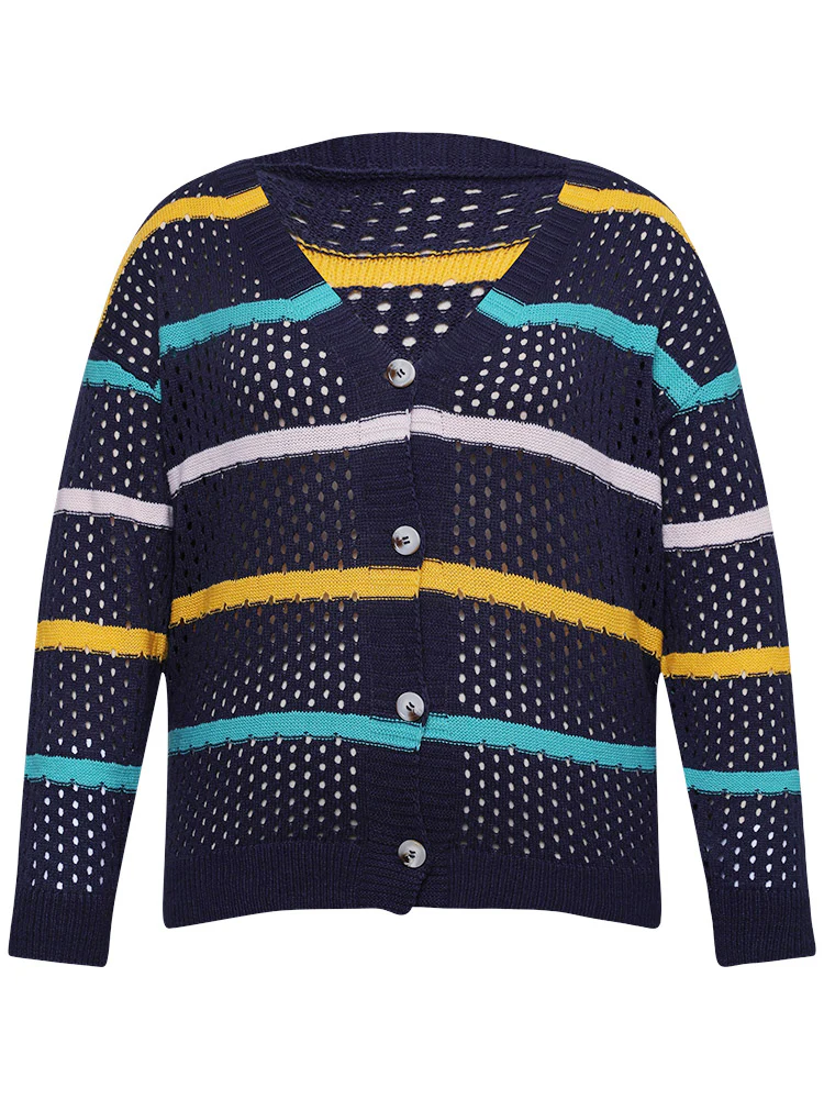 Contrast Striped Button Through Hollow Out Cardigan - Image 8