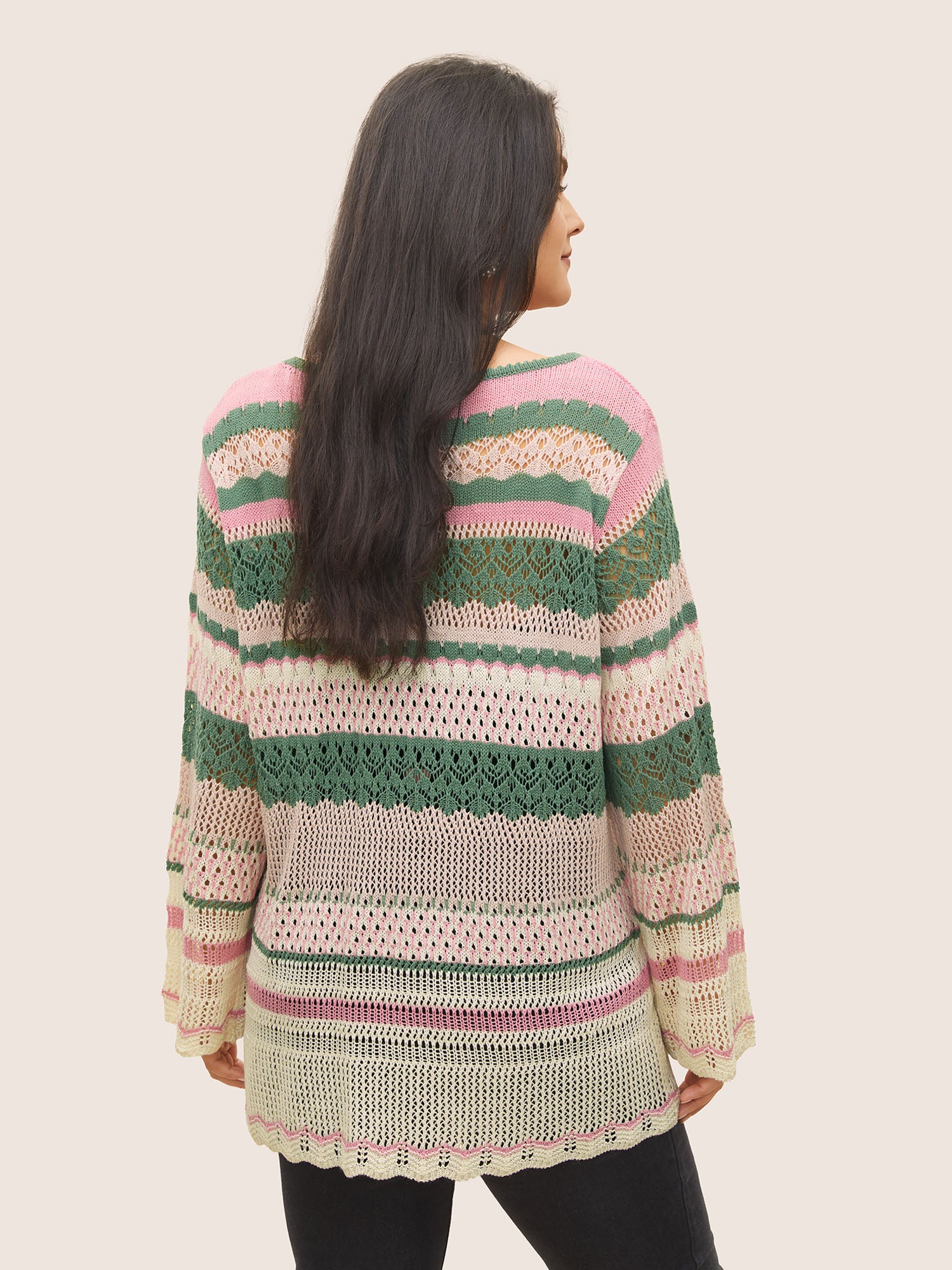Contrast Striped Cut Out Bell Sleeve Pullover - Image 2
