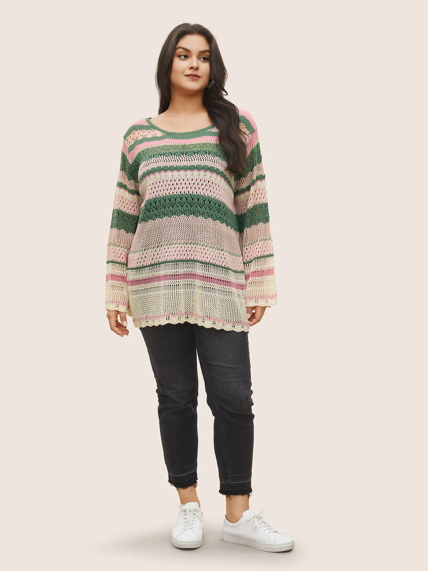 Contrast Striped Cut Out Bell Sleeve Pullover - Image 3