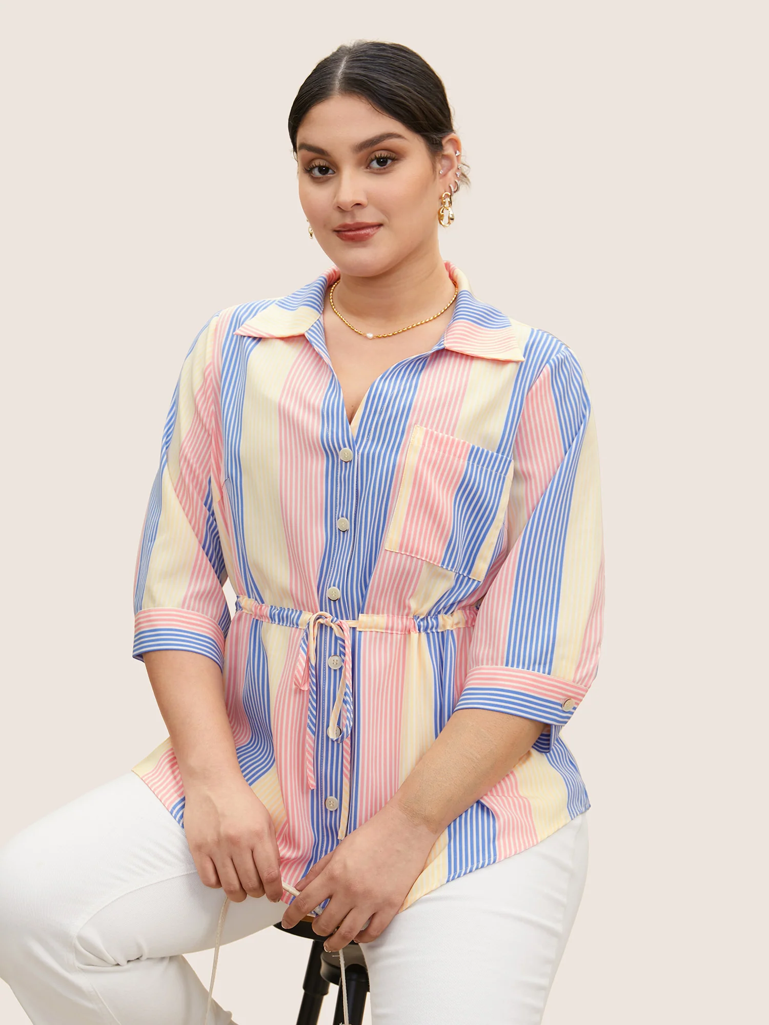 Contrast Striped Drawstring Patched Pocket Blouse - Image 2