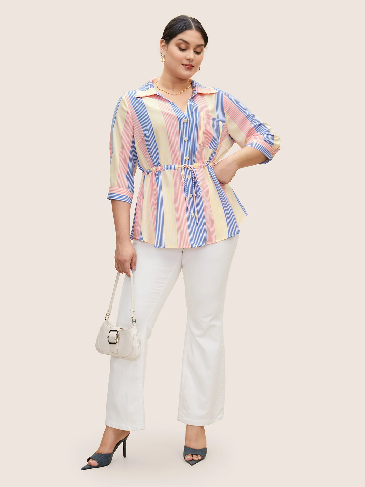 Contrast Striped Drawstring Patched Pocket Blouse - Image 3