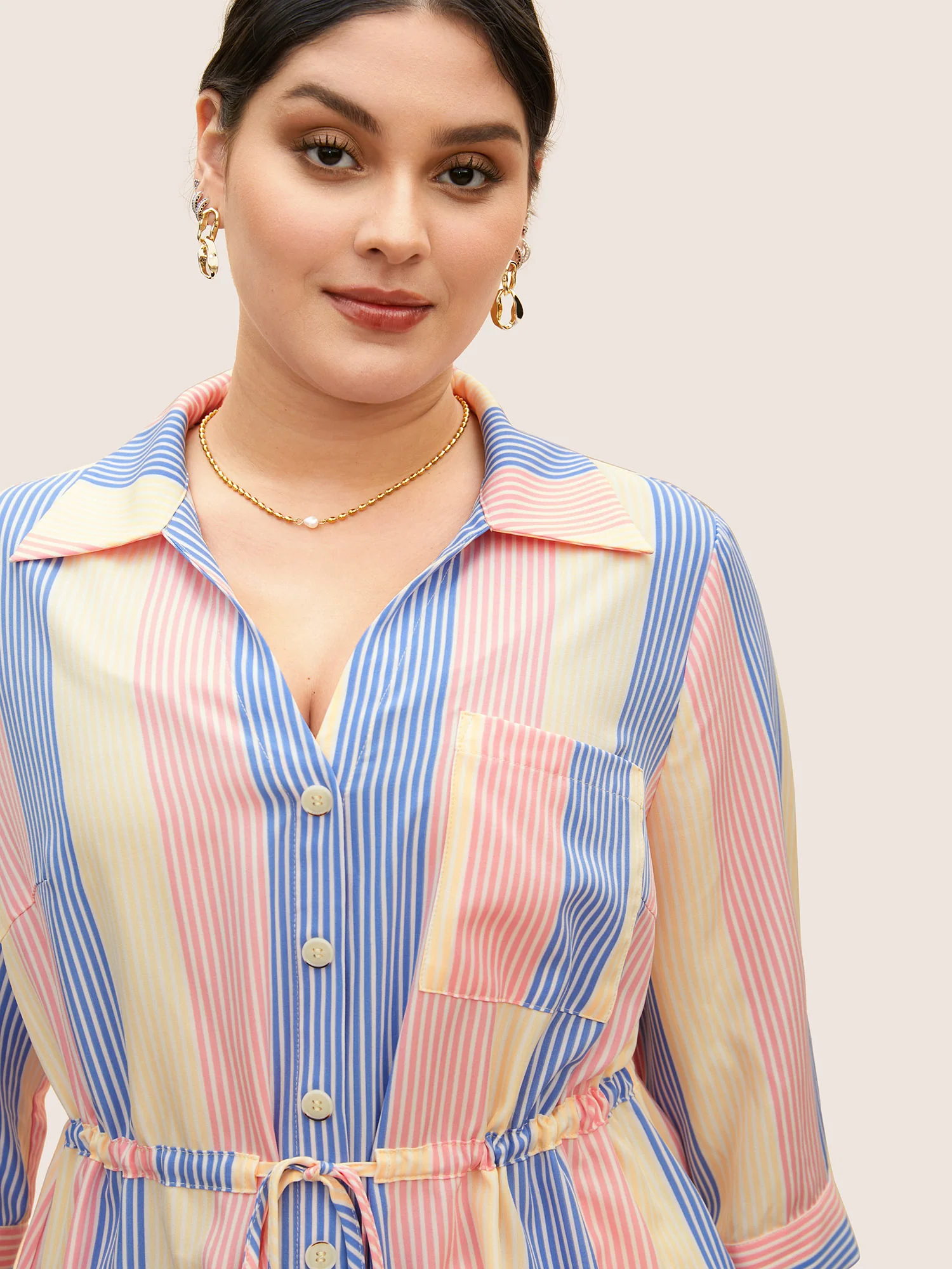 Contrast Striped Drawstring Patched Pocket Blouse - Image 4