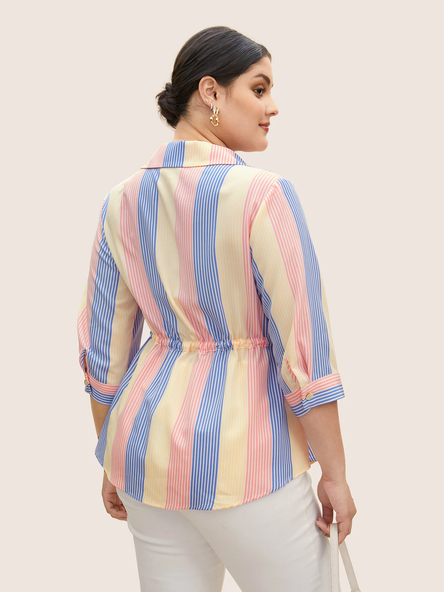 Contrast Striped Drawstring Patched Pocket Blouse - Image 5