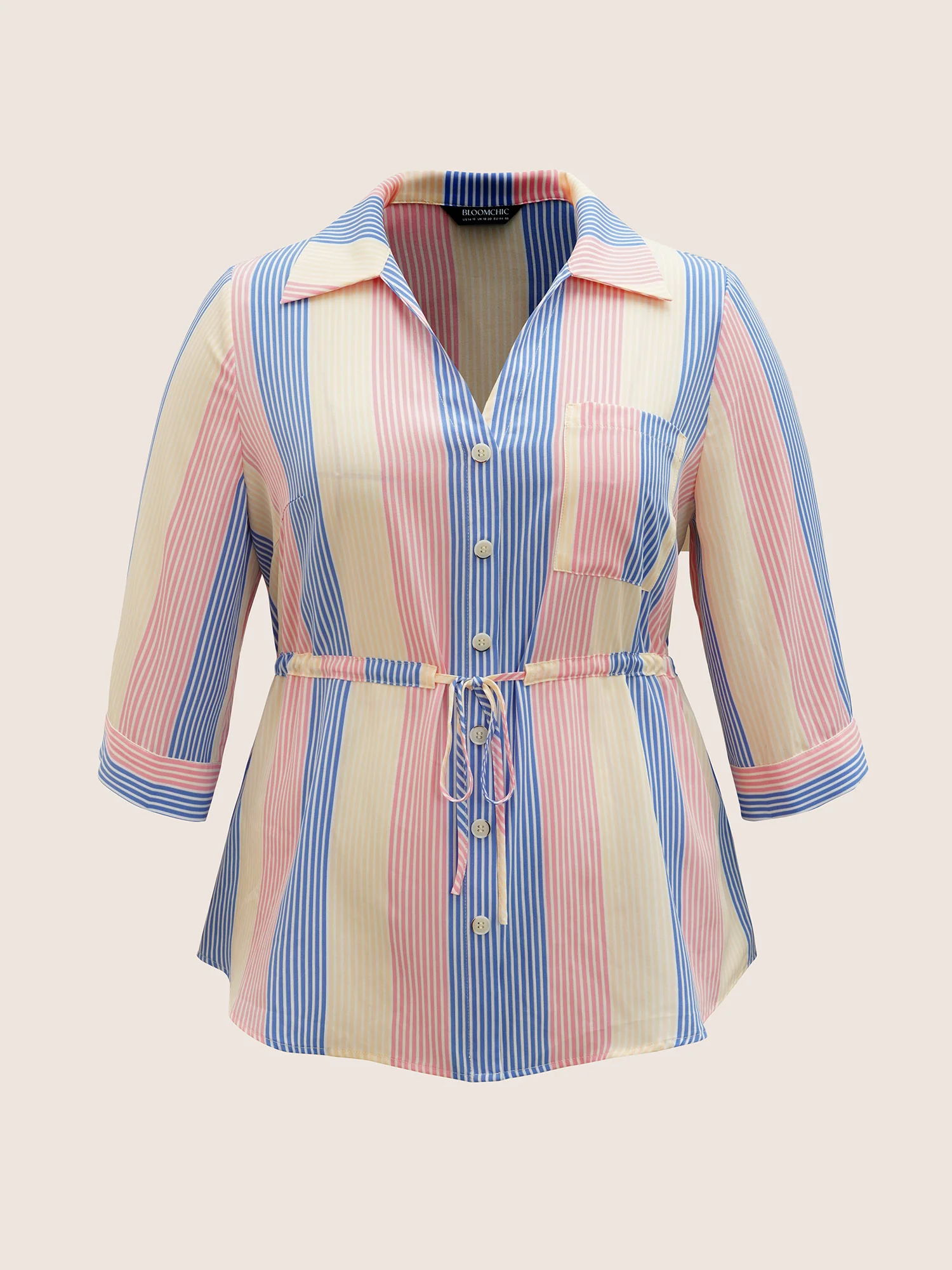 Contrast Striped Drawstring Patched Pocket Blouse - Image 8