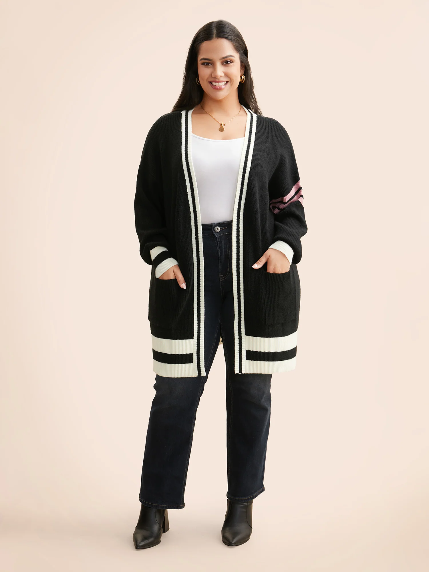 Contrast Striped Drop Shoulder Cardigan - Image 3