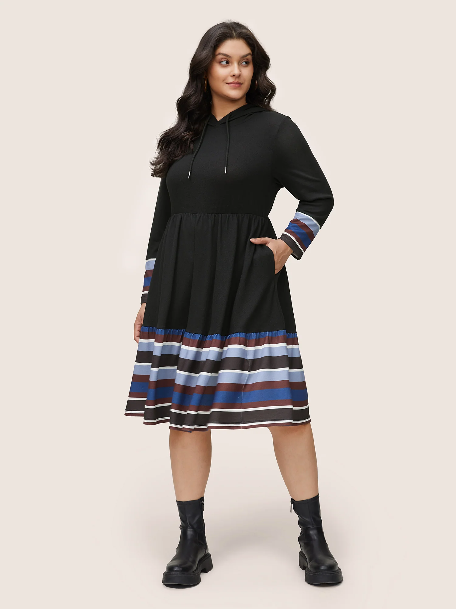 Contrast Striped Flutter Hem Hooded Drawstring Dress - Image 3