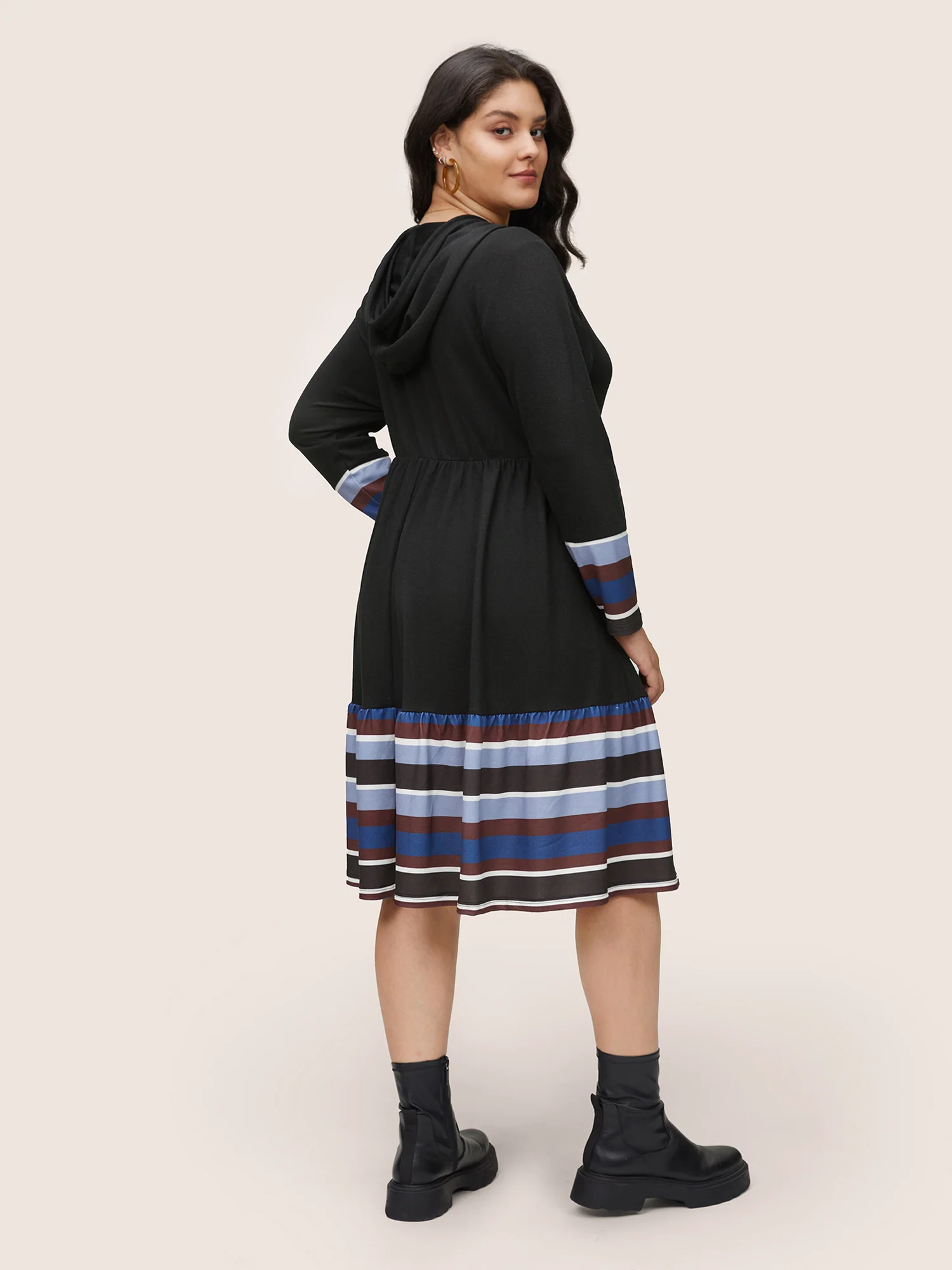 Contrast Striped Flutter Hem Hooded Drawstring Dress - Image 4