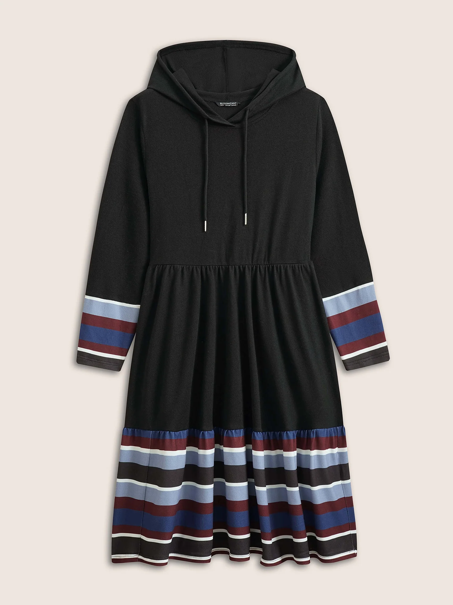 Contrast Striped Flutter Hem Hooded Drawstring Dress - Image 7