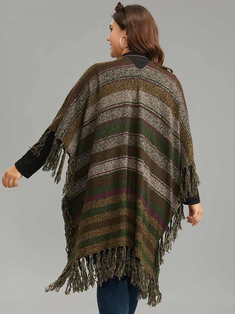 Contrast Striped Fringe Trim Drape Cardigan - Image 2