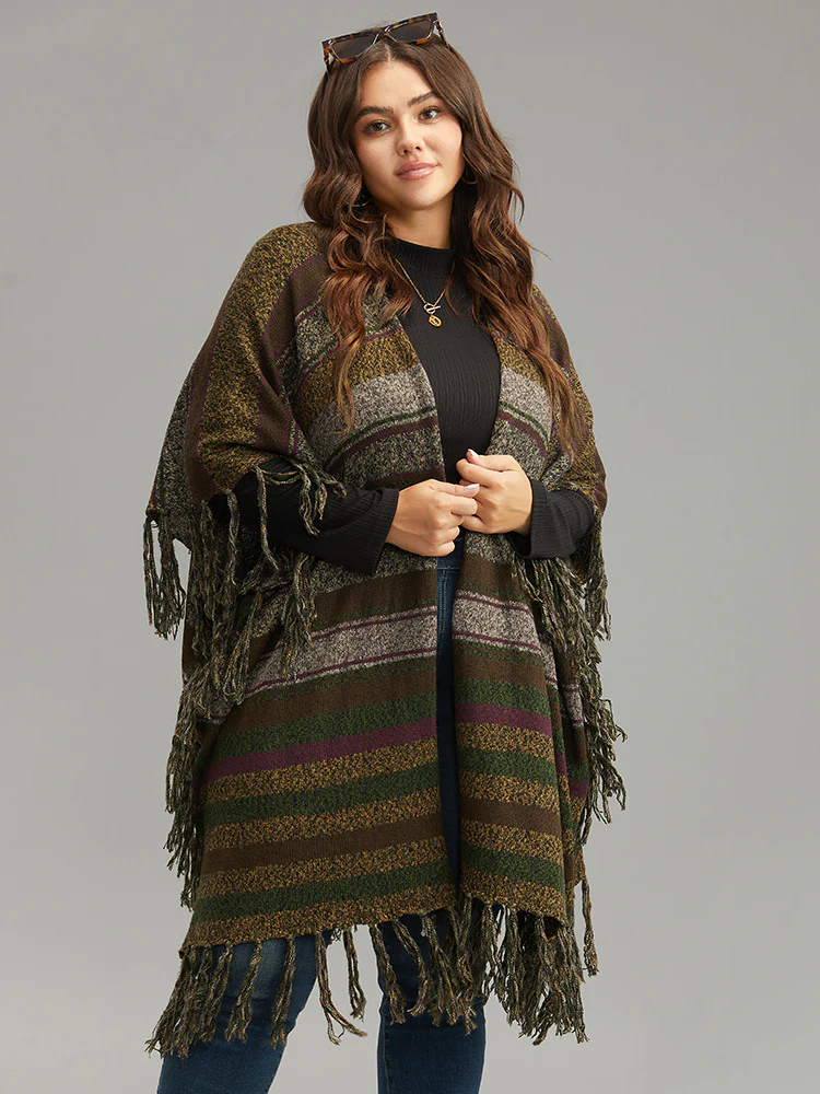 Contrast Striped Fringe Trim Drape Cardigan - Image 3