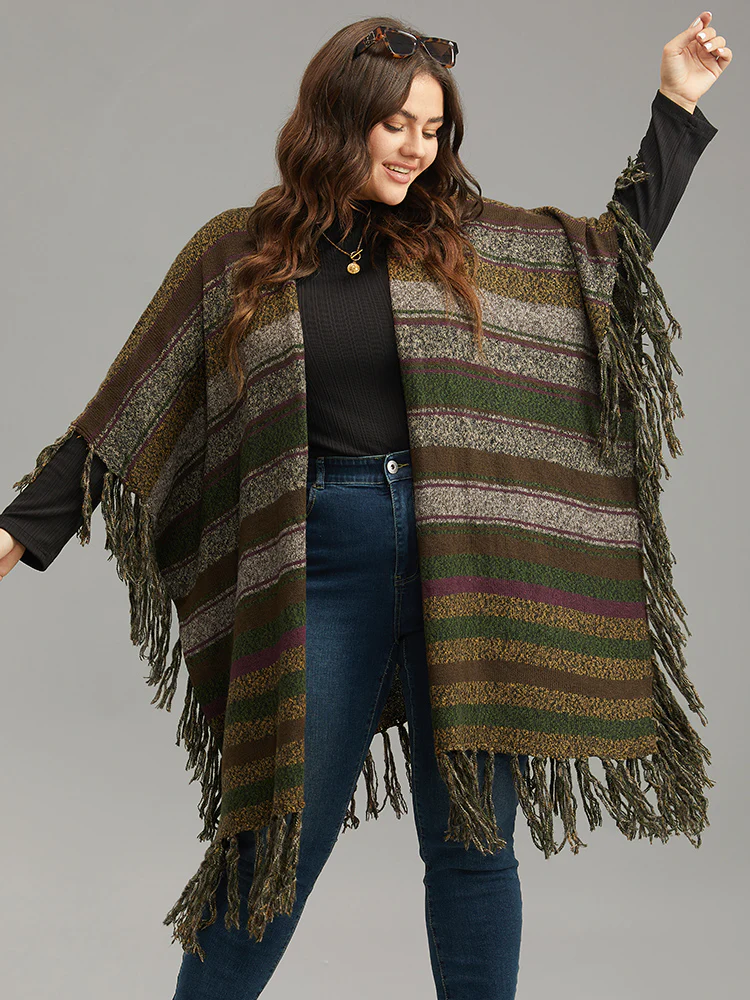 Contrast Striped Fringe Trim Drape Cardigan - Image 4