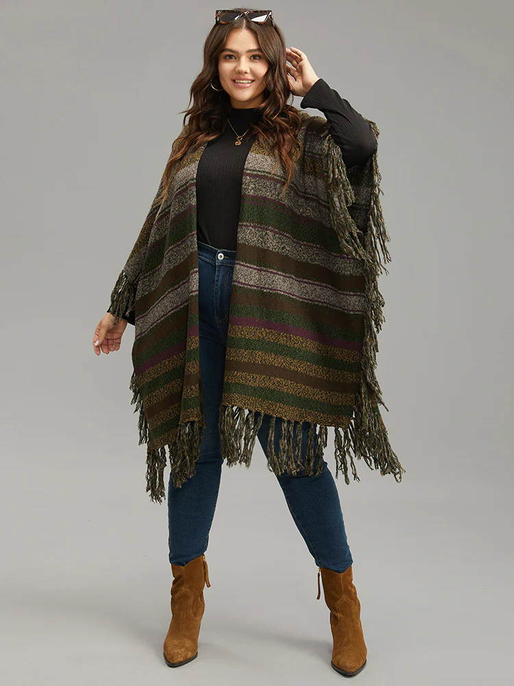 Contrast Striped Fringe Trim Drape Cardigan - Image 5