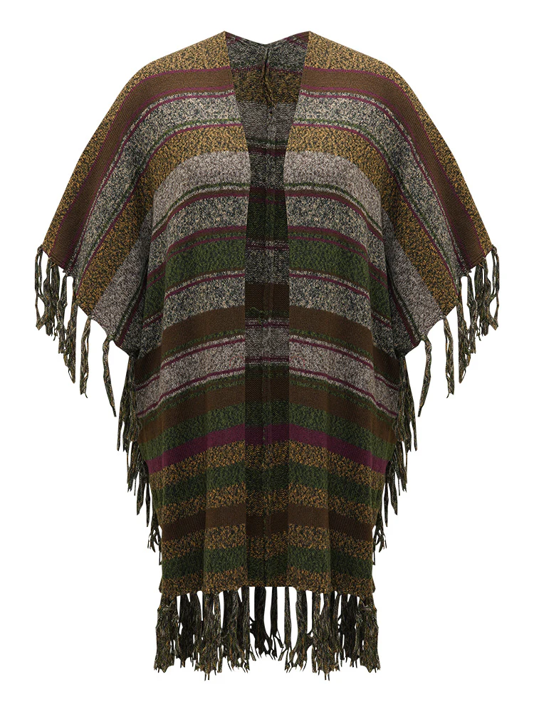 Contrast Striped Fringe Trim Drape Cardigan - Image 8
